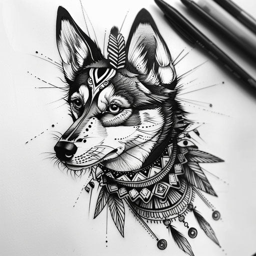 Exotic flat tattoo sketch of a husky adorned with traditional Siberian patterns