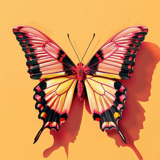 Realistic pink butterfly on sunset orange background