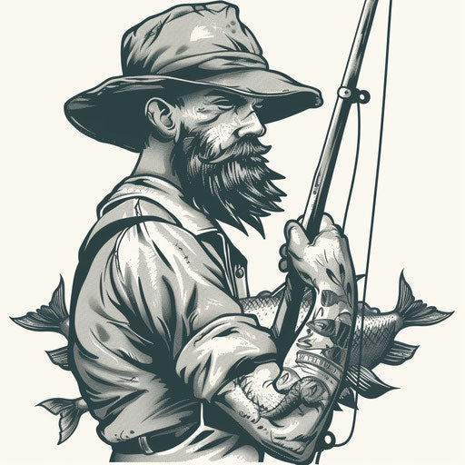 Fisherman with fishing pole in retro tattoo style