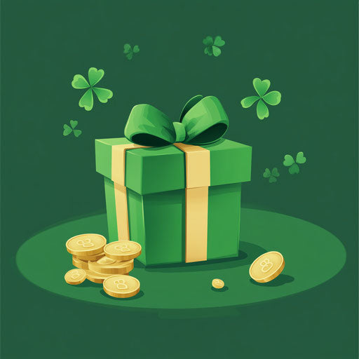 Fashion art: Gift box, gold coins on green background