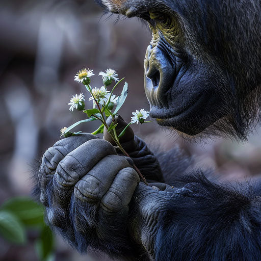 Gorilla hand gently holding forest flower