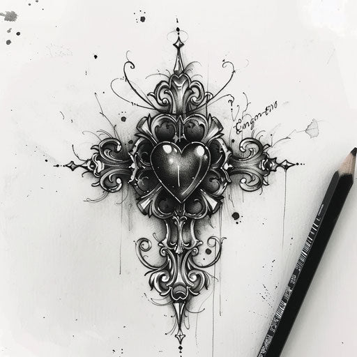 Flat tattoo sketch of a black pearl in the heart of a gothic cross
