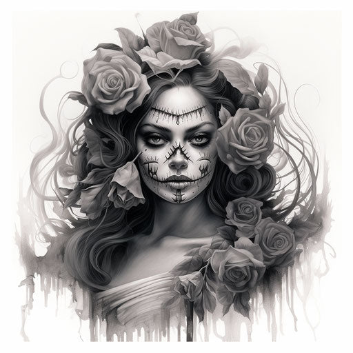 Tattoo design for Day of the Dead with a woman's head, scythe, and roses