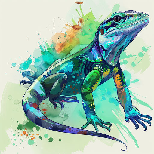 Dynamic flat tattoo sketch of a lizard with vibrant green and blue hues