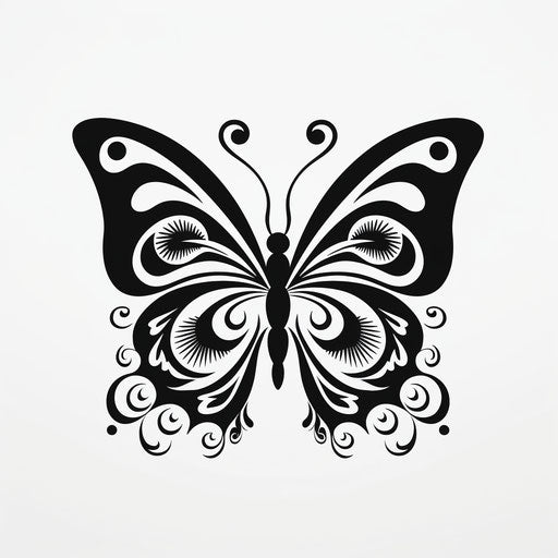 Black and white butterfly tattoo design, minimalist traditional style