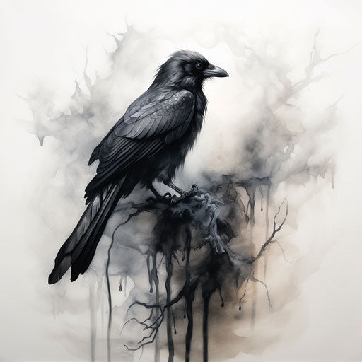 Raven on a branch with smoke, classic tattoo style