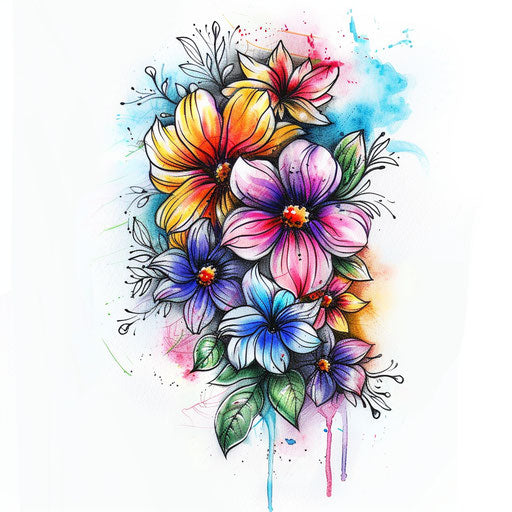 Tattoo design for girl with vibrant watercolor flowers