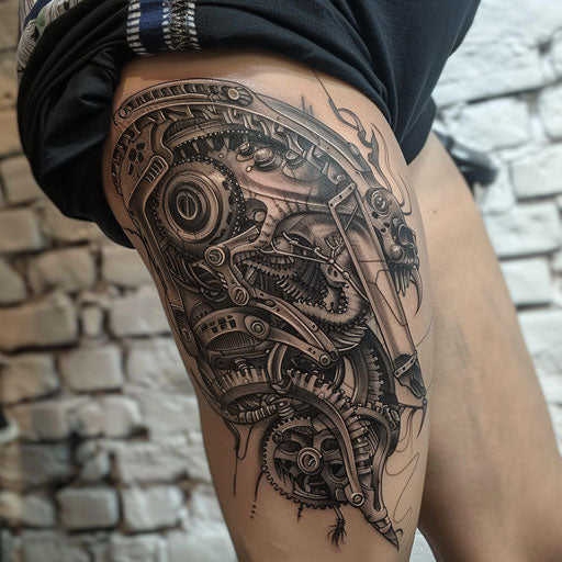Biomechanical thigh tattoo design