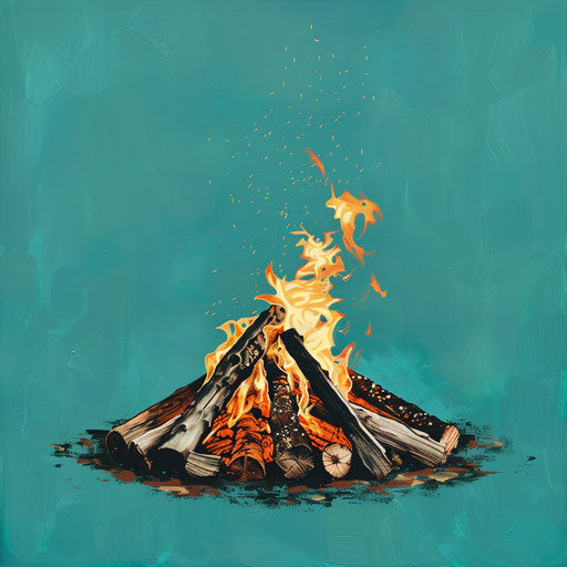 Realistic campfire clipart on flat teal background
