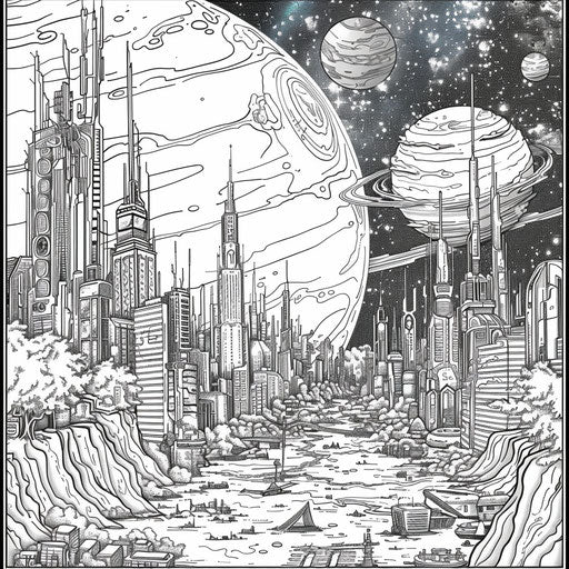 Detailed planets with cityscapes in the style of Stephen Wiltshire Coloring book page