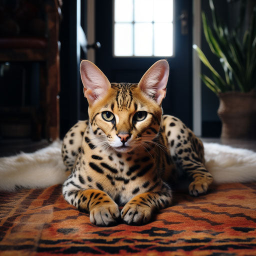 A serval cat lying on a carpet