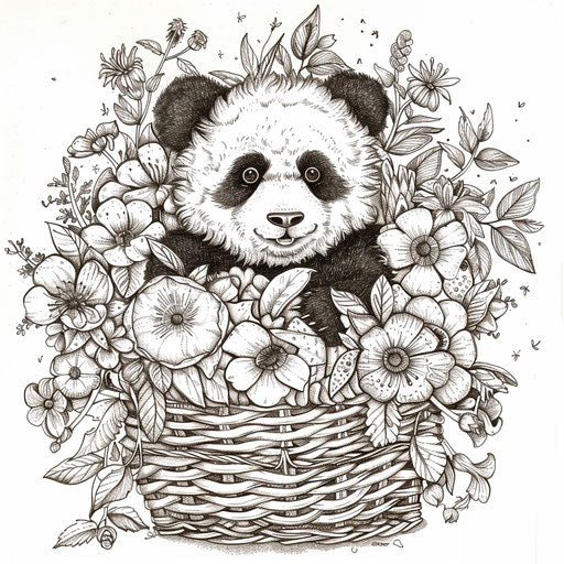 Cute panda in a basket of flowers, Gennady Spirin style