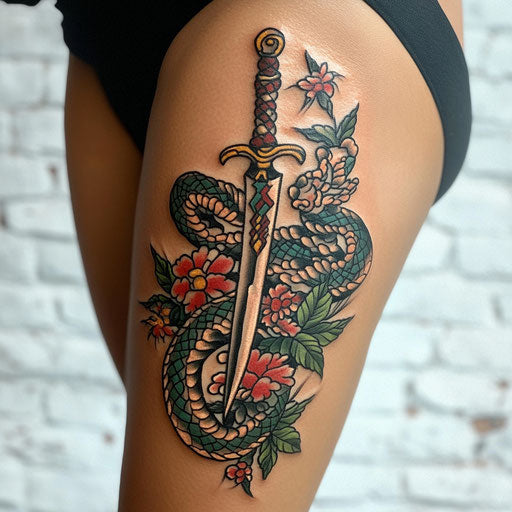 Traditional snake and dagger tattoo on back of thigh