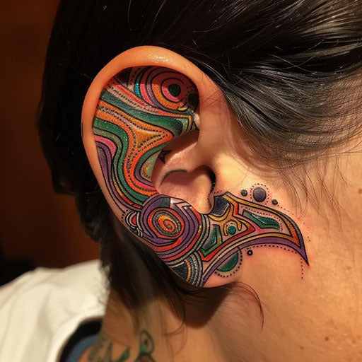 Ear tattoos with cosmic and colorful patterns