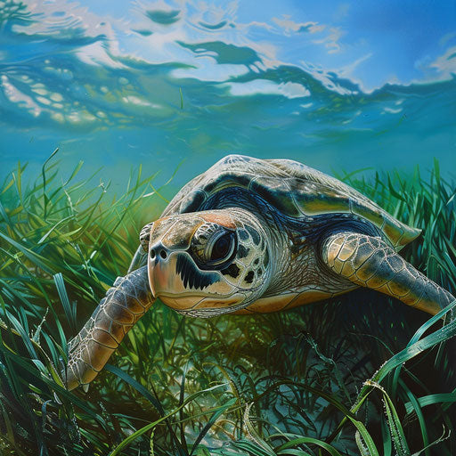 An olive ridley sea turtle in a bed of seagrass