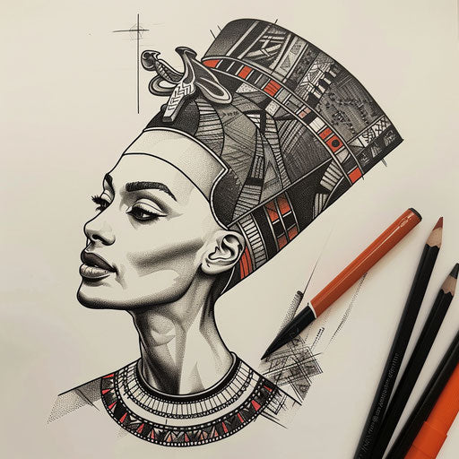 Cultural flat tattoo sketch of Nefertiti with traditional African patterns