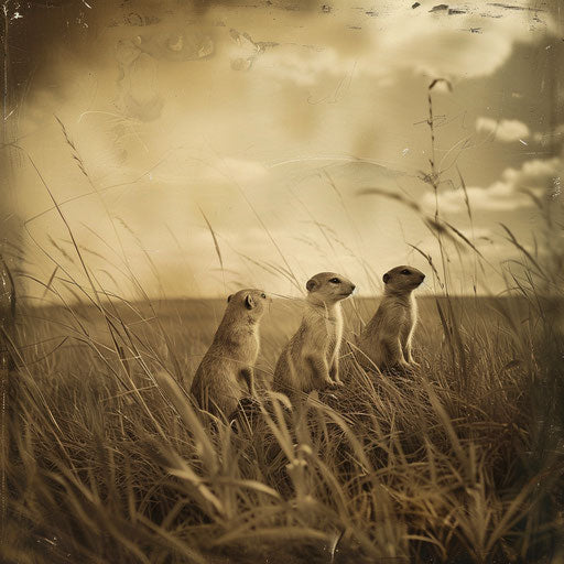 Prairie dogs in an ethereal sepia prairie scene