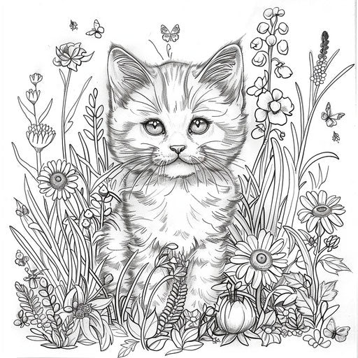 Whimsical kitten in a floral meadow in the style of Teagan White Coloring book page