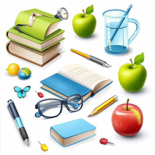 Learning clipart in photo realistic style with a flat random background, glossy finish and sharp outlines