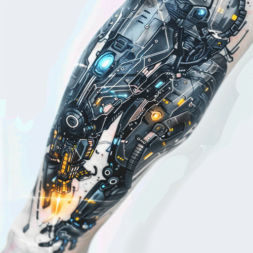 Futuristic robotic arm tattoo design with integrated circuits and LEDs, showcased on a white background