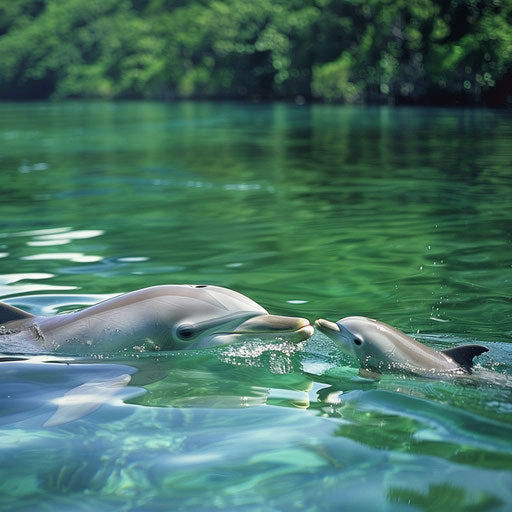 A peaceful scene of a mother dolphin with her calf in a calm lagoon