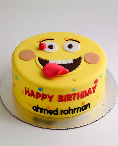 Yellow cake with emoji and happy birthday