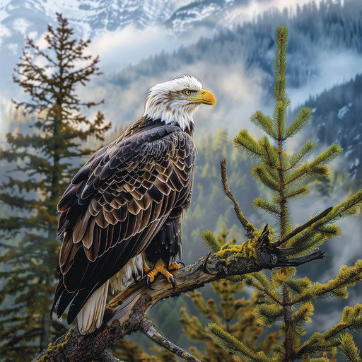 American eagle on pine branch overlooking misty mountain range at dawn