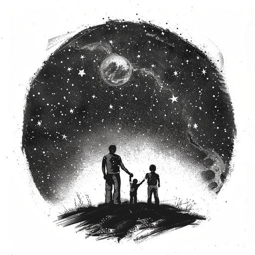 Father and son under starry sky: realism and dot work blend
