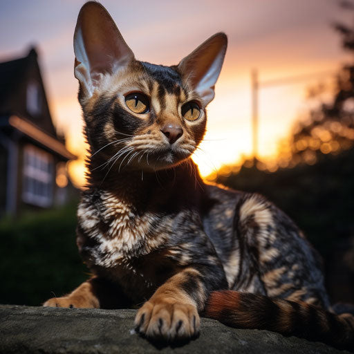 Devon Rex cat lounging outside at night