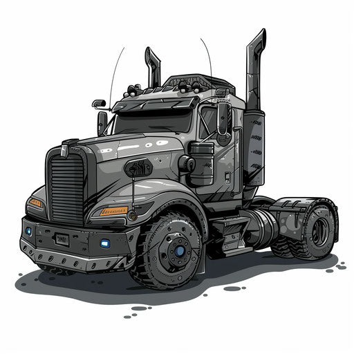 Flat tattoo sketch of truck with steel gray tones and mechanical elements