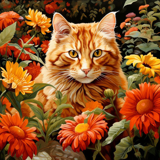 Orange Cat in a Flower Bed with Beautiful Flowers