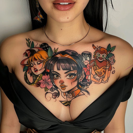 Animated comic chest tattoo for women in the style of Humberto Ramos