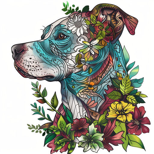 Pitbull tattoo design with floral patterns and green leaves