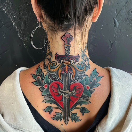 Neck tattoos for women in the style of Ed Hardy with a classic heart and dagger