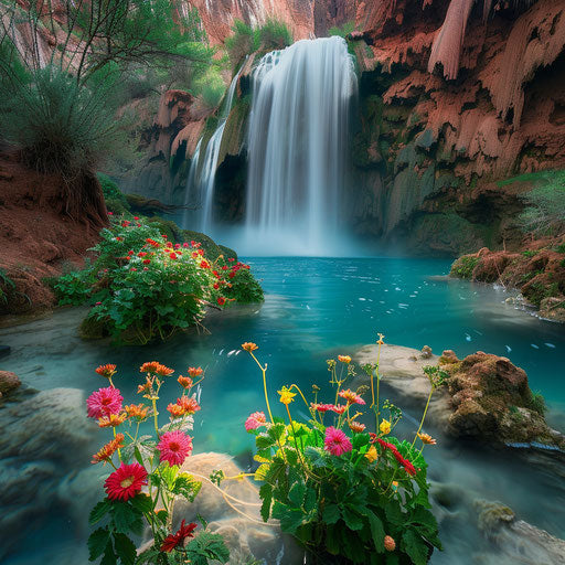 Havasu Falls with lush greenery and exotic flowers