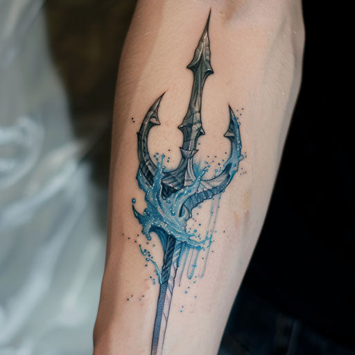 Photorealistic trident tattoo with shimmering water effects on white