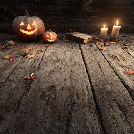 Glowing pumpkins on a weathered wooden surface