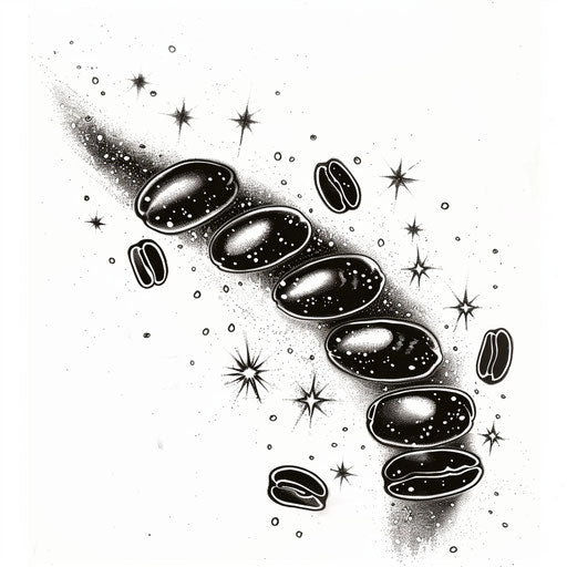 Whimsical tattoo sketch of coffee beans forming a galaxy