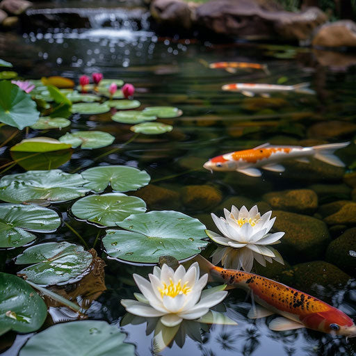 Tranquil pond, koi fish meandering among lily pads