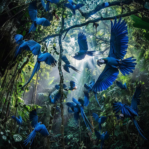 Symbol of leadership and survival: the Spix's macaw leads its flock through the forest canopy gap