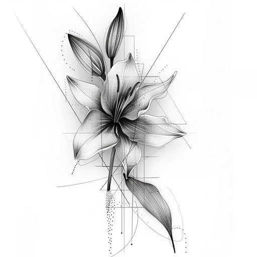 Abstract spider lily tattoo, stylized with geometric shapes in a monochrome palette, on a white background
