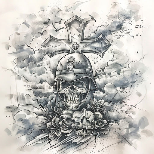 Navy tattoo with grave, cross, and helmet in black and grey on white