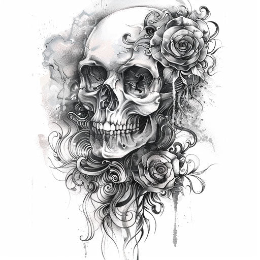 Black and gray gothic skull tattoo with swirling mist and roses