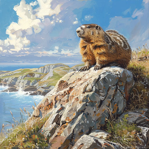 Groundhog exploring a rocky outcrop with the ocean in the background