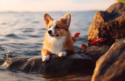 Corgi sitting on a rock, emotive body language, unpolished authenticity