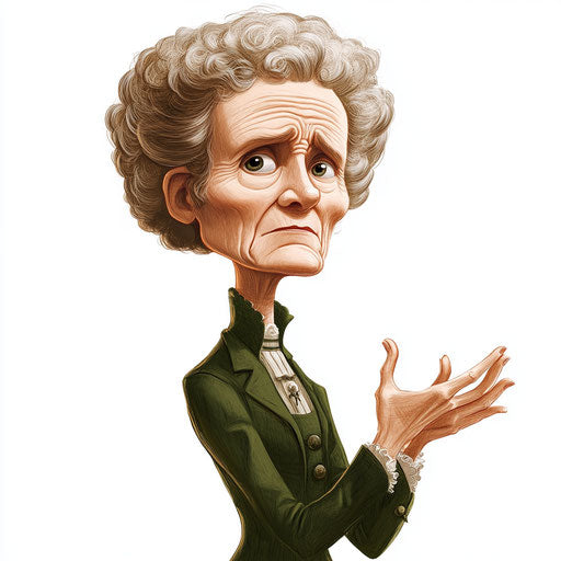 Humorous caricature of a Marie Curie with exaggerated human characteristics, large frowning mouth, big hands, vibrant colors, cartoon style, waving, high-resolution, no background, isolated