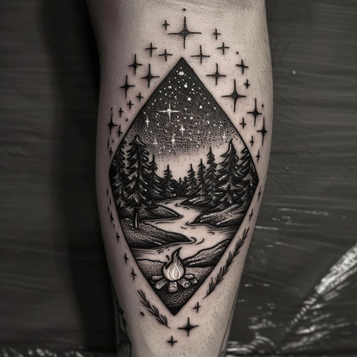 Bold and dark flat tattoo sketch with a riverside campfire and starry sky