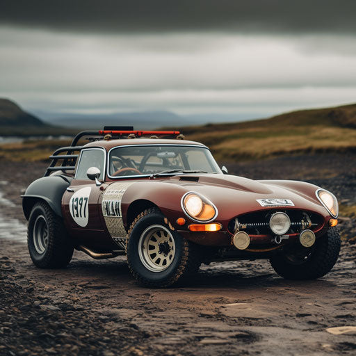 Jaguar E Type car rally version with off-road modifications