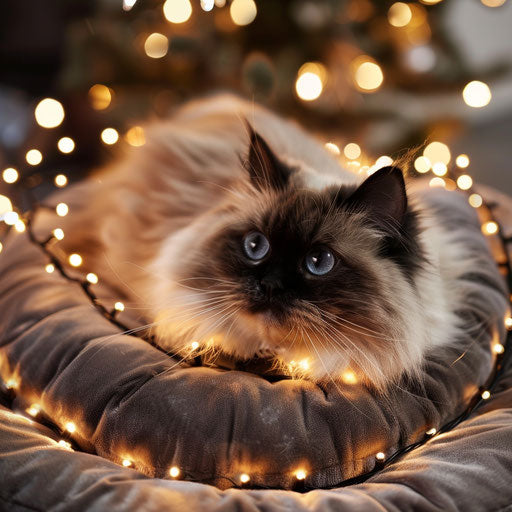 Himalayan cat in cozy bed with fairy lights around