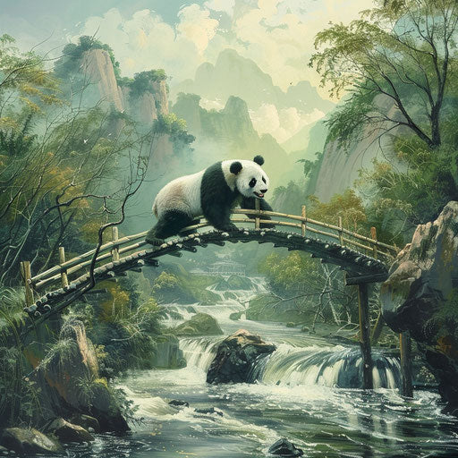 Crossing of a giant panda on a natural bamboo bridge